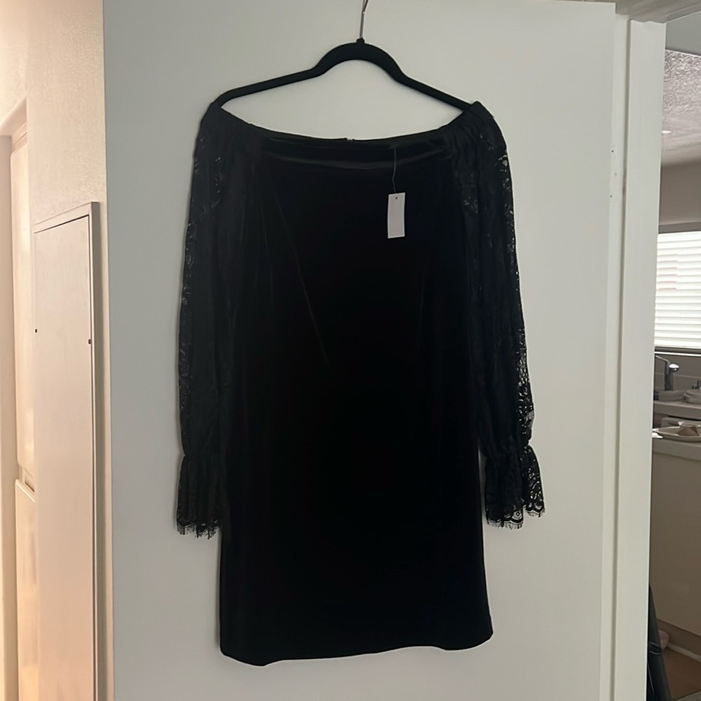 White House Black Market.   Black velvet with lace off shoulder dress NWT